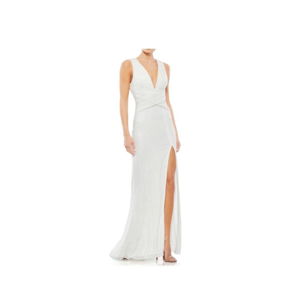 NWT IEENA Mac Duggal 26598 White Sequin V-Neck Wrap Waist A-line Gown Gown Sz 8
